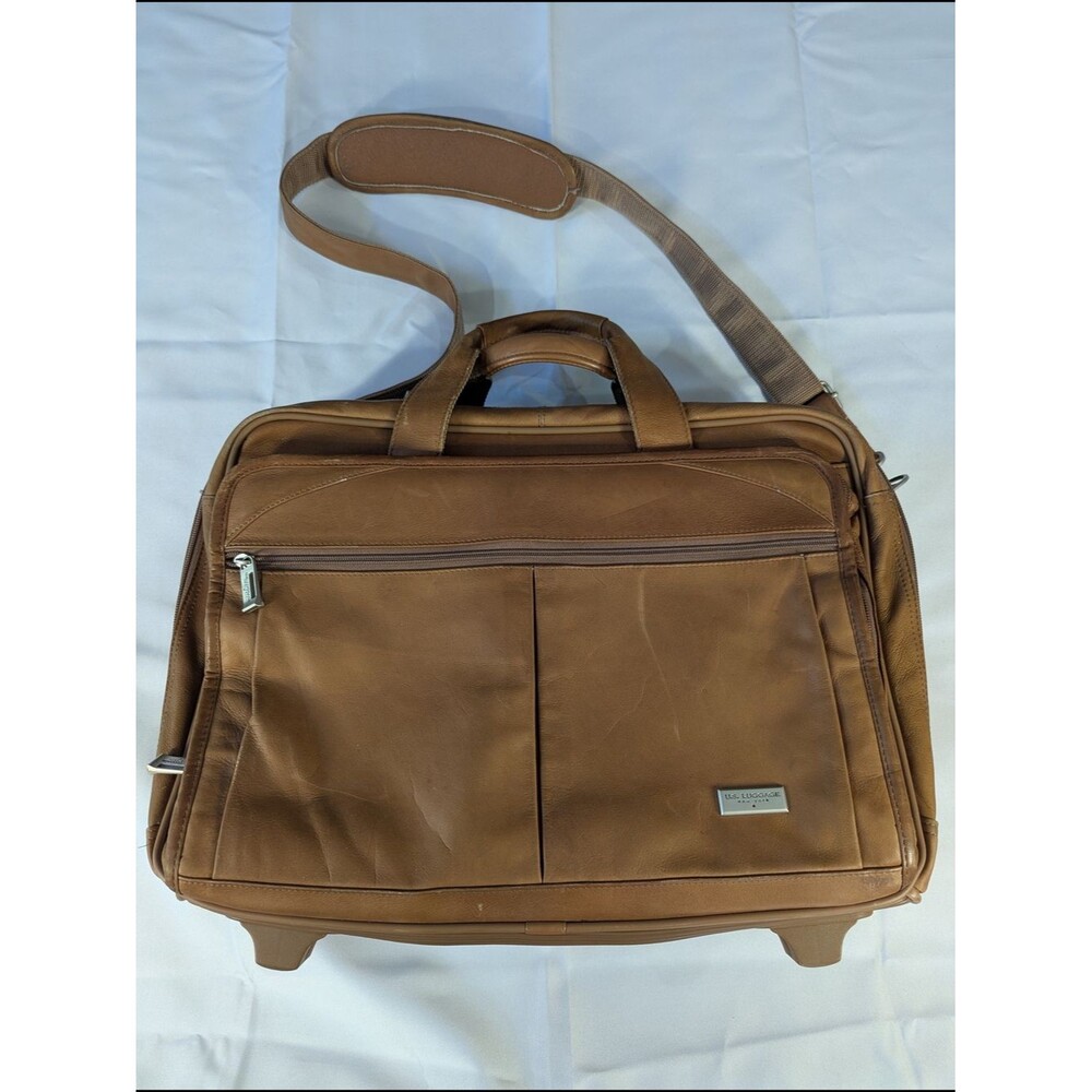 US Luggage New York Tan Leather Rolling Briefcase Wheeled Laptop Bag
